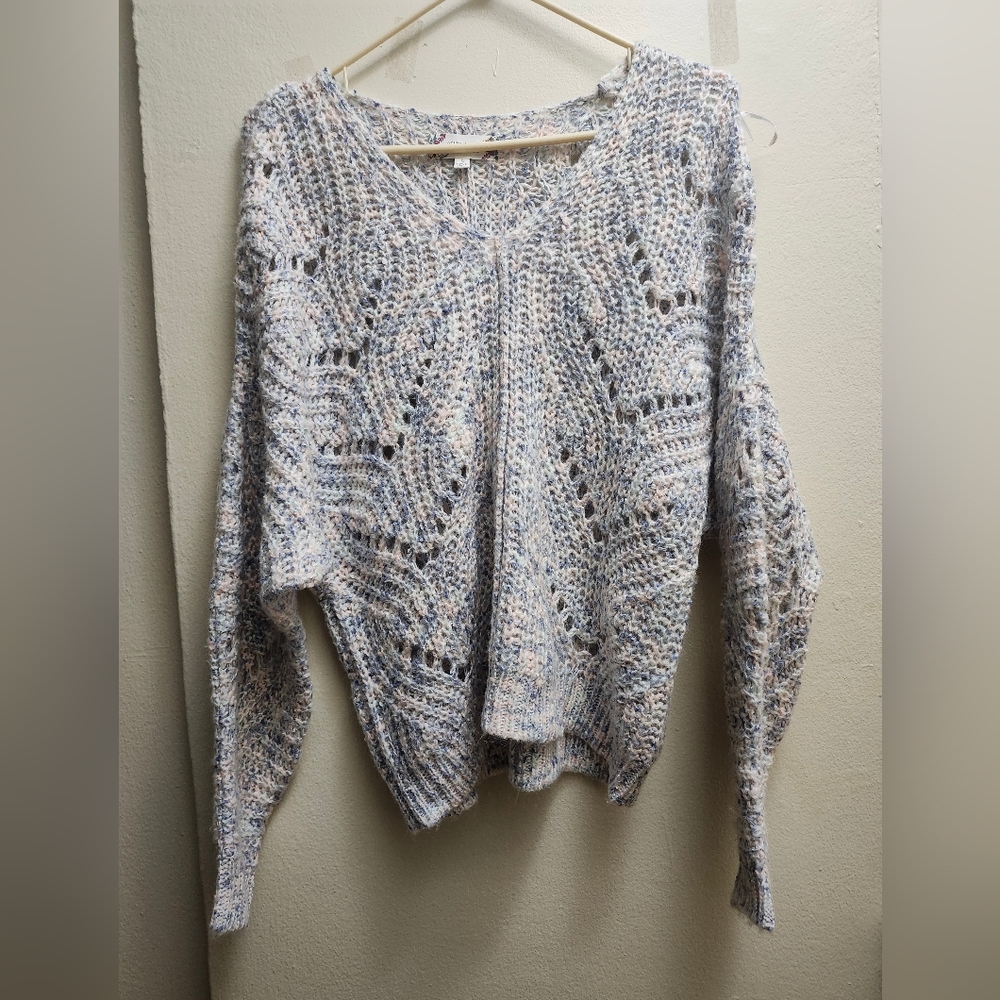 Pink Rose Women's V-Neck Sweater in Cream and Blue